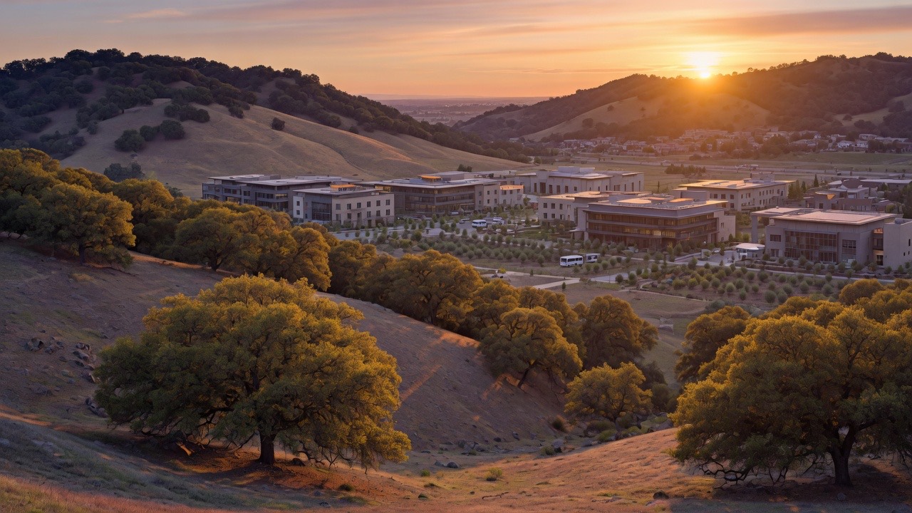 Original illustration of oak-covered California hills and a suburban campus. Not an Apple photograph.