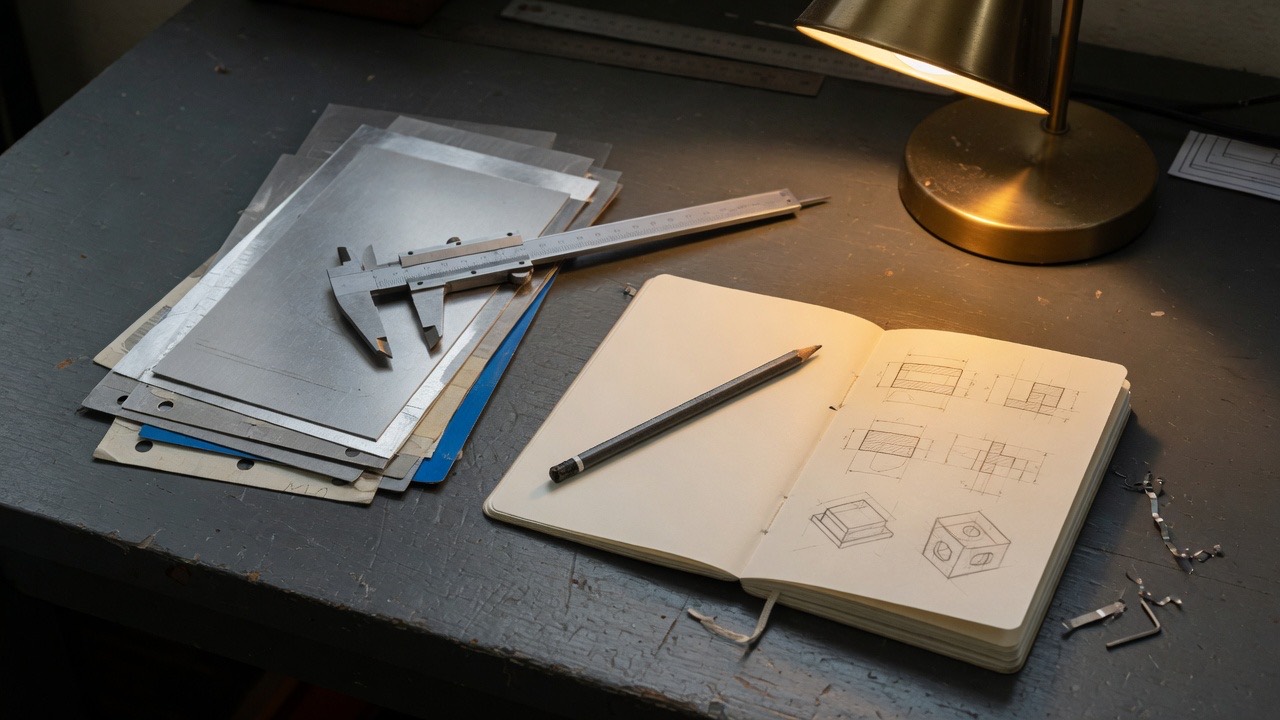 Original still life of a mechanical engineering workbench.