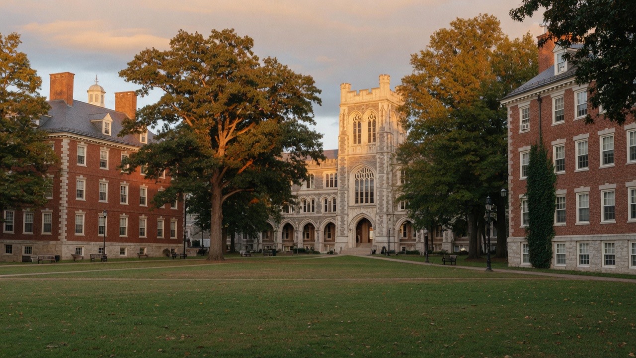 Original illustration of a historic American university quadrangle. Not a University of Pennsylvania photograph.